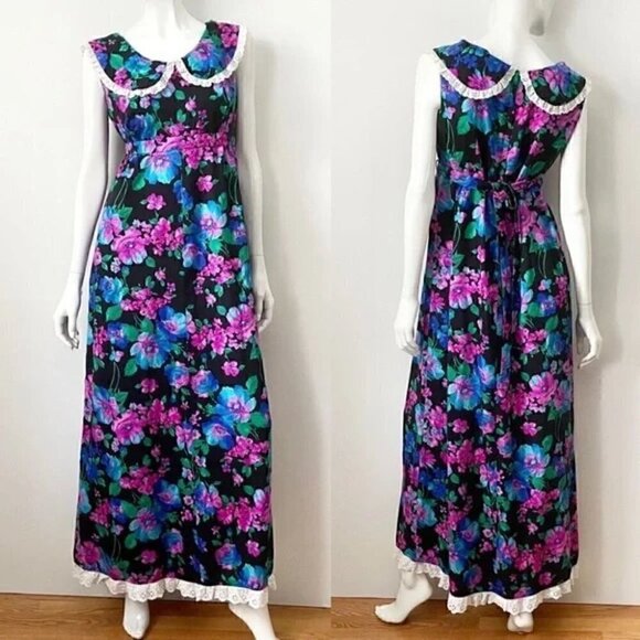 VINTAGE Made in Hawaii  Floral Sleeveless Eyelet Ruffle Trim Maxi Dress - Picture 3 of 13